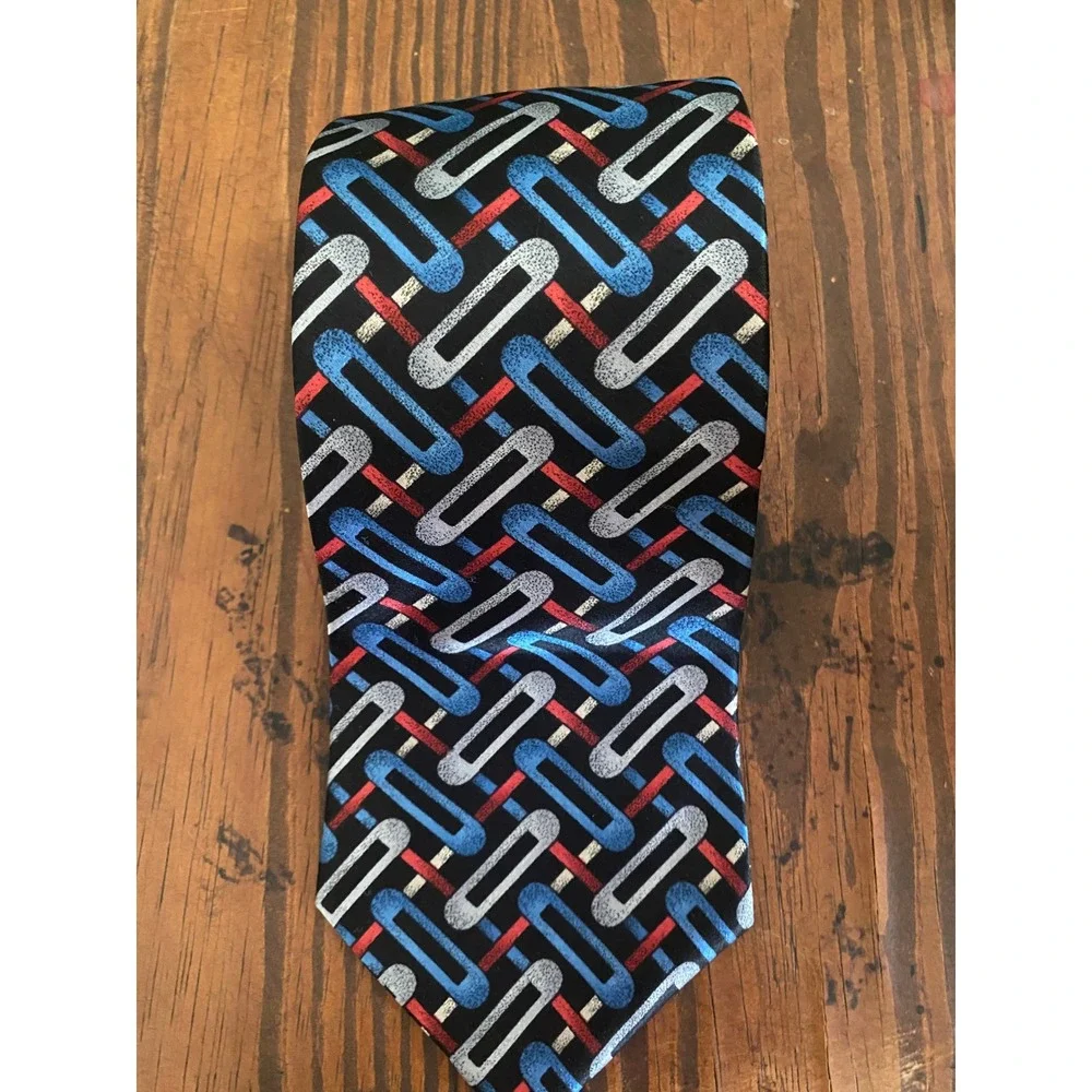 Arrow‎ Mens Tie 100% Italian Silk Geometric Chain Link Blue Red Silver Black USA